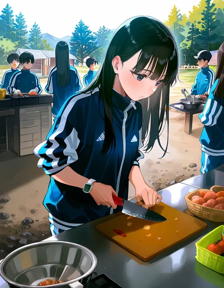 score_9, score_8_up, score_7_up, anime, solo, 1girl, one girl, 
Black hair, (chest length hair:1.2), Straight Hair, bangs, one tucked behind ear, black eyes, feature large highlight, feature double highlights, shaped eyeblow,
sensitive,
<lora:ensoku:1>, ensoku, 
multiple boys, jacket, food, multiple girls, track jacket, outdoors, cooking, watch, track suit, day, tongs, cutting board, holding, cooking, cutting, hangousuisan, kitchen knife, cookhouse, camp,
(kasukabe akira:0.5), (masterpiece:1.3), best quality, high resolution, unity 8k wallpaper, (illustration:1.2), 8K,