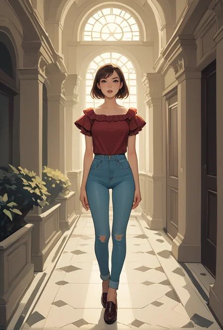 core_9, score_8_up, score_7_up,1girl,eighteen, east asian, light brown sleek bob hair, gray eyes, sarcasm face, agile body, Size DD breasts, dressed with burgundy ruffle sleeve blouse and skinny jeans, oxford shoes subdued lighting, head tilted to the side, indicating thoughtfulness, <lora:add_detail:0.8>