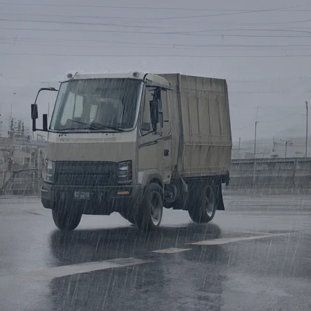 sfw, masterpiece, best quality,absurderes,source_photo,cinematic,realistic,photo,animal focus,no humans,truck,highway,rain,streetlights, <lora:Reallustrious_Beta:0.8>