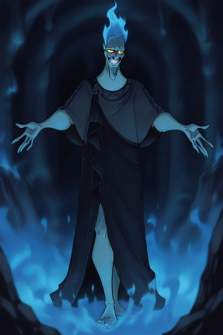 frieezastance, outstretched arms, open hands, legs together, 1boy, solo, h4d3s, underground, dungeon, blue fire, grin, smirk, score_9, score_8_up, score_7_up, Absurdres, Intricate Details, Masterpiece, Best Quality, Expressiveh, full body,