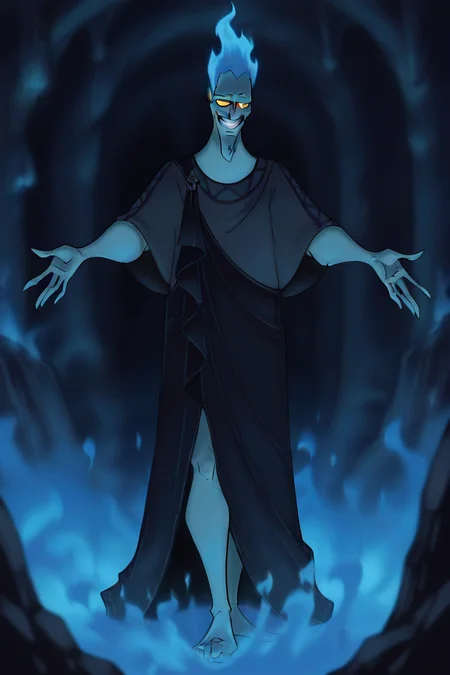 frieezastance, outstretched arms, open hands, legs together, 1boy, solo, h4d3s, underground, dungeon, blue fire, grin, smirk, score_9, score_8_up, score_7_up, Absurdres, Intricate Details, Masterpiece, Best Quality, Expressiveh, full body,