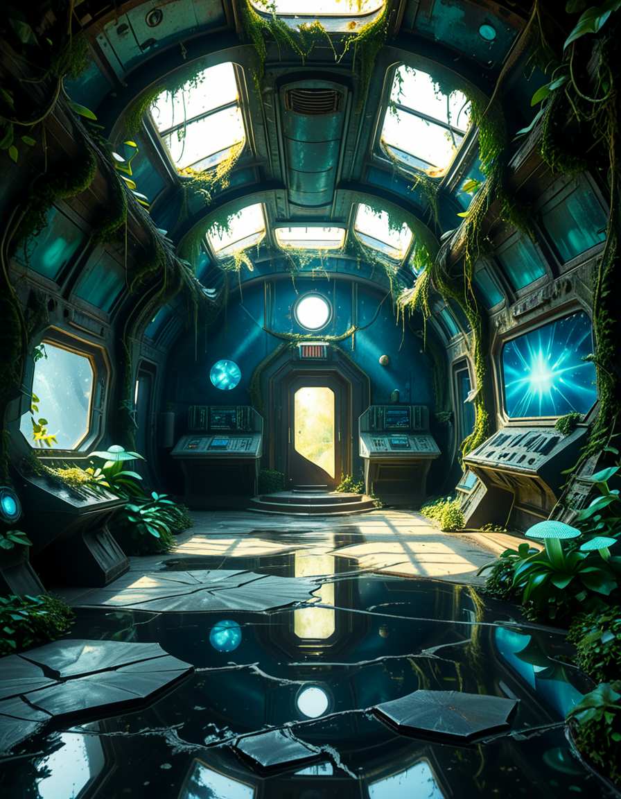 The interior of an ancient abandoned spaceship, overtaken by lush vegetation. The walls and ceiling are covered in thick, twisting vines and moss. Strange alien plants glow faintly in shades of blue and green, casting an eerie, mystical light across the metallic surfaces. Rusted control panels and shattered glass windows hint at a long-forgotten past. The floor is cracked and partially flooded with still, reflective water. Patches of bioluminescent fungi cling to the corners, adding a surreal atmosphere. The air feels heavy with moisture, and beams of soft, diffused light filter through holes in the hull, creating dramatic shafts of light and shadow. The overall style is hyper-realistic, rich in textures, with a cinematic and slightly melancholic mood.<lora:SDXLFaeTastic2400:0.4> <lora:extremely_detailed:0.4> extremely detailed,<lora:ancient_abandoned_sp4c3sh1p:1>,ancient abandoned sp4c3sh1p, Masterpiece,best quality,hi res,8k,hi res,8k,award winning,(sharp focus, intricate, highly detailed),