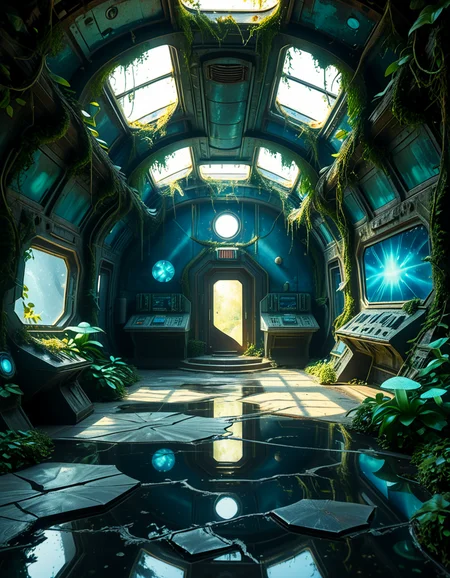 The interior of an ancient abandoned spaceship, overtaken by lush vegetation. The walls and ceiling are covered in thick, twisting vines and moss. Strange alien plants glow faintly in shades of blue and green, casting an eerie, mystical light across the metallic surfaces. Rusted control panels and shattered glass windows hint at a long-forgotten past. The floor is cracked and partially flooded with still, reflective water. Patches of bioluminescent fungi cling to the corners, adding a surreal atmosphere. The air feels heavy with moisture, and beams of soft, diffused light filter through holes in the hull, creating dramatic shafts of light and shadow. The overall style is hyper-realistic, rich in textures, with a cinematic and slightly melancholic mood.<lora:SDXLFaeTastic2400:0.4> <lora:extremely_detailed:0.4> extremely detailed,<lora:ancient_abandoned_sp4c3sh1p:1>,ancient abandoned sp4c3sh1p, Masterpiece,best quality,hi res,8k,hi res,8k,award winning,(sharp focus, intricate, highly detailed),