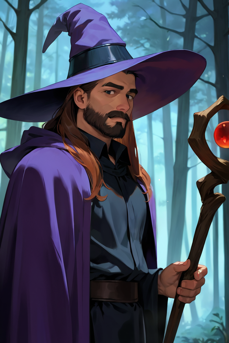 masterpiece, best quality, highres, newest, 1boy, solo, male focus, mature male, wizard, long hair, brown hair, black eyes, looking at viewer, hat, facial hair, beard, mustache, staff, wizard hat, purple hat, black shirt, collared shirt, robe, purple robe, hooded cloak, holding, holding staff, upper body, closed mouth, standing, outdoors, forest, nature, tree, fog, dark background <lora:Summer Days [LoRA] - NoobAI-XL EPS 1.0:0.8>
