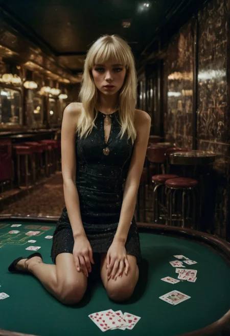 Award-winning ultra-detailed photograph of an underground casino, where a young blonde with blunt bangs is losing at playing cards. She is clearly drunk and sad, tears pouring from her eyes. Tight Dollskill dress. Moody colors.