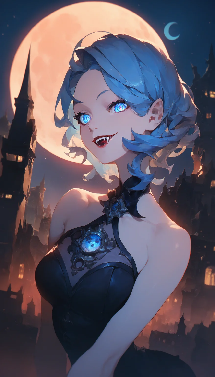1girl, solo, blue eyes, looking at viewer, smile, vampire, moon, ringed eyes, fang, outdoors, city, parted lips, bare shoulders, night sky,
score_9, score_8_up, score_7_up, very aesthetic, best quality, masterpiece
<lora:quality_modifiers_masterpieces_v1:1>