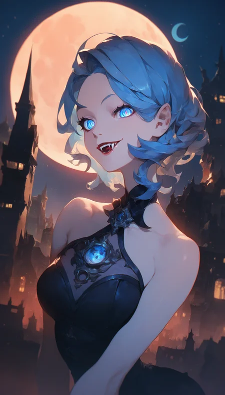 1girl, solo, blue eyes, looking at viewer, smile, vampire, moon, ringed eyes, fang, outdoors, city, parted lips, bare shoulders, night sky,
score_9, score_8_up, score_7_up, very aesthetic, best quality, masterpiece
<lora:quality_modifiers_masterpieces_v1:1>