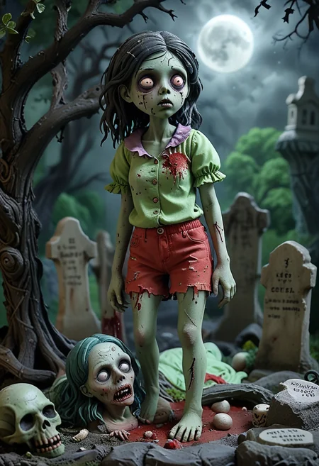 crawling(spine-chilling zombie) feminine, Medium body,  wearing ghastly green decayed blouse, blood-stained shorts, muddy barefoot, hollow eyes, torn bandages, set in  a haunted cemetery, with broken headstones, twisted trees, ghostly apparitions, and ominous shadows, during full moon, Masterpiece,best quality, very aesthetic,