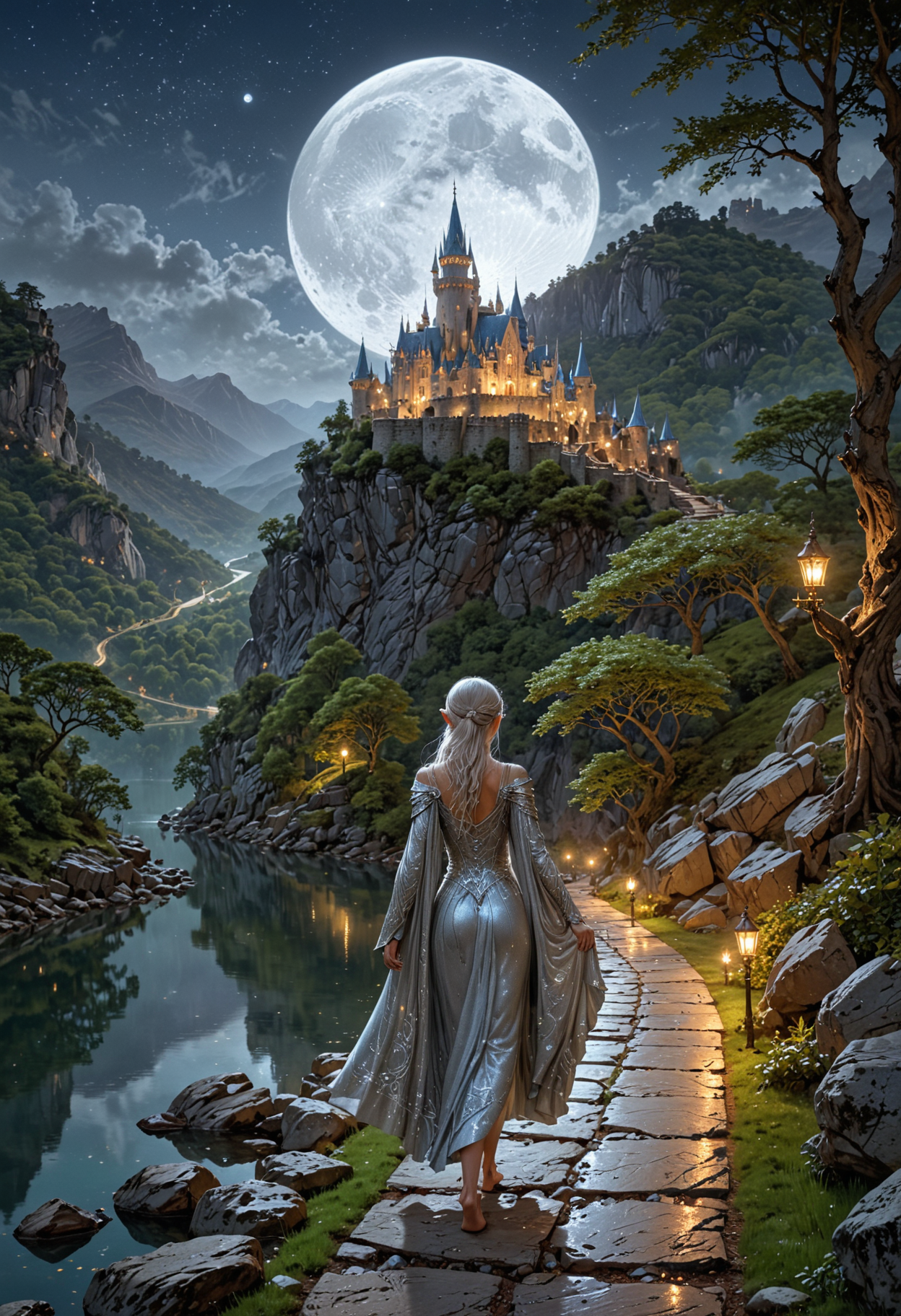 Under a full moon, a beautiful woman with a shimmering silver cloak walks along a stone path leading to an elegant elven castle. The castle, perched on a mountainside, overlooks a valley filled with luminous treehouses. Elves with intricate designs on their skin gather around a sparkling lake nearby.  <lora:EpicF4nta5yXL:0.8>