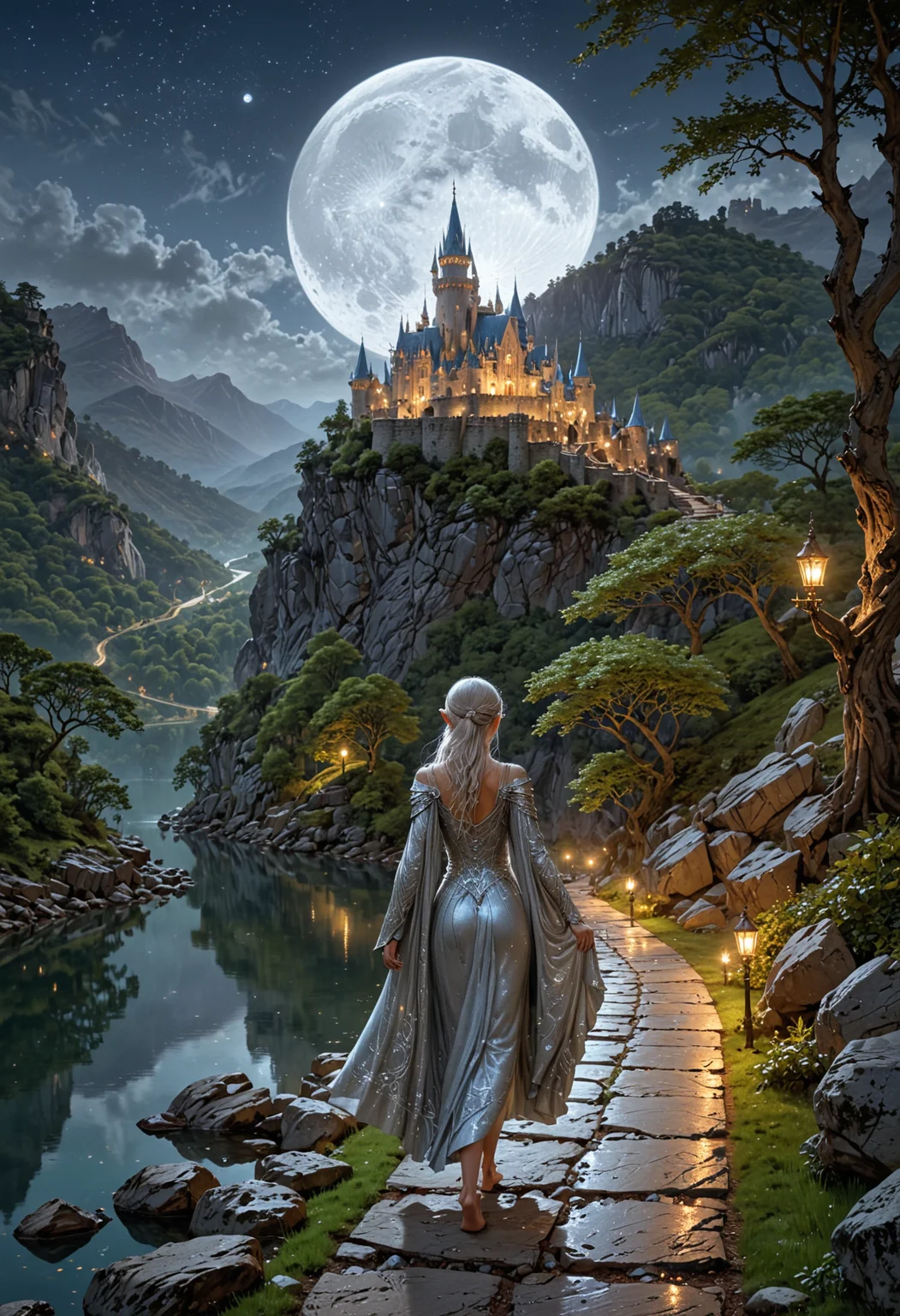 Under a full moon, a beautiful woman with a shimmering silver cloak walks along a stone path leading to an elegant elven castle. The castle, perched on a mountainside, overlooks a valley filled with luminous treehouses. Elves with intricate designs on their skin gather around a sparkling lake nearby. <lora:EpicF4nta5yXL:0.8>
