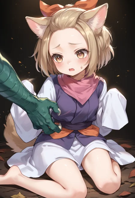 (score_9:0.9),score_8_up,score_7_up,rating_safe,anime style,(zPDXL),(zPDXL3),<lora:Ash Blossom & Joyous Spring ponyXL v1:0.71>,ash blossom & joyous spring, 1girl, barefoot, open mouth, green arm monster, red hair ribbon, sweatdrop, blush, claws, sitting, solo focus, sleeves past wrists, white kimono, arm grab