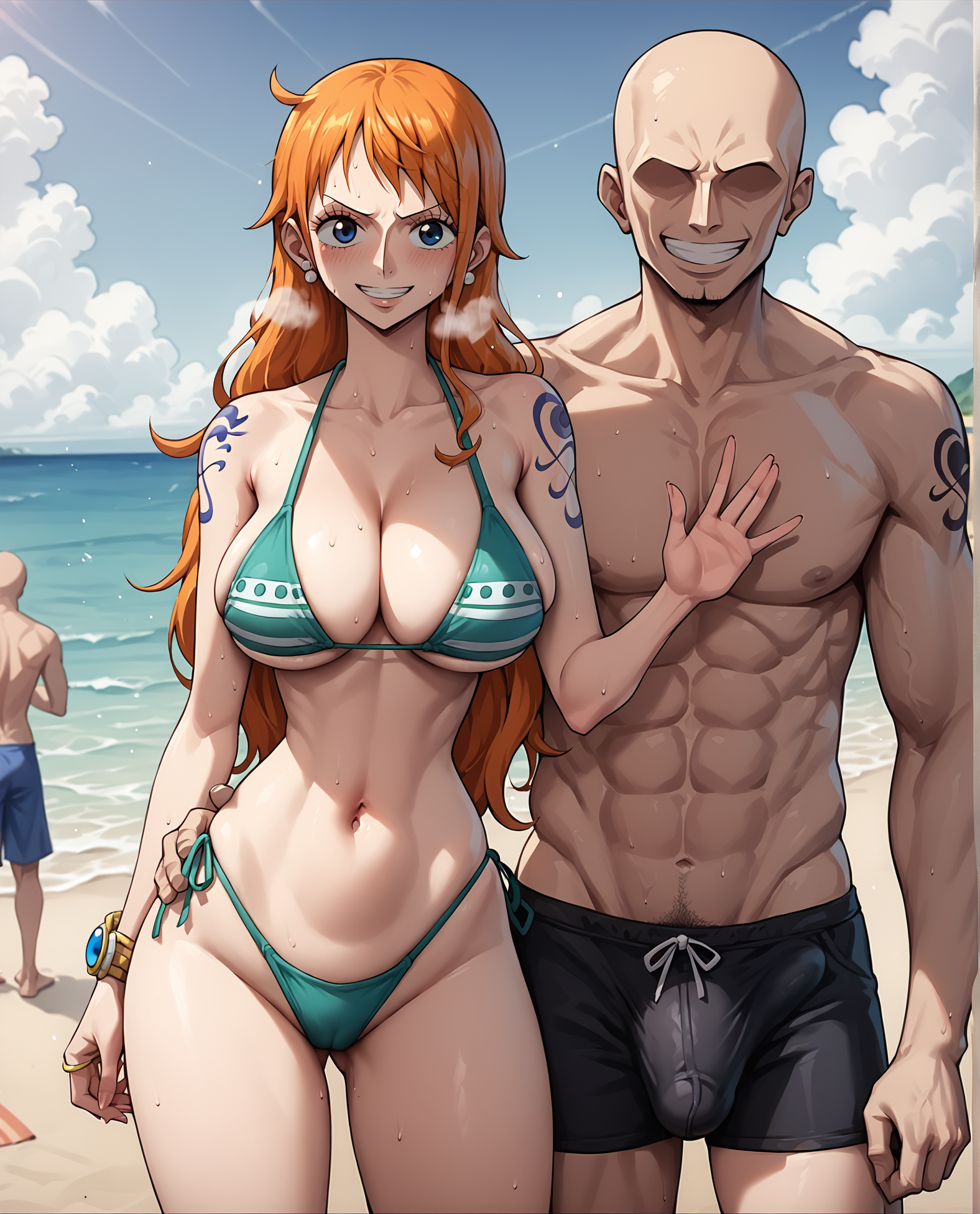 score_9, score_8_up, score_7_up, source_cartoon BREAK 1girl, nami (one piece), looking at viewer, orange hair, hetero, standing, blue eyes, breasts, cleavage, bikini, long hair, 1boy, ((faceless male)), netorare, cheating (relationship), outdoors, beach, sea, sky, <lora:Implied_ass_grabfingering:1>, bulge, bald male, heavy breathing, stealth ass grab, skindentation, rating_questionable