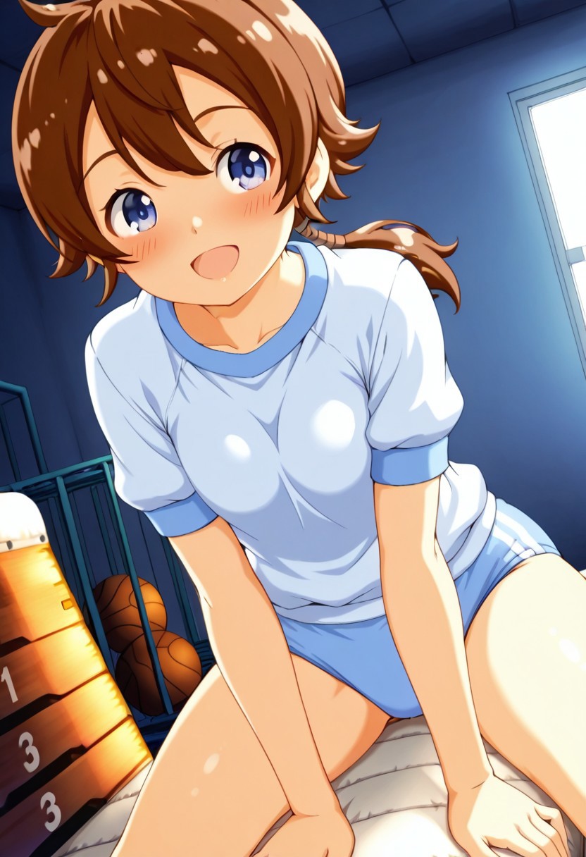 masterpiece,anime_coloring,anime_clothing,amazing_quality, Tokia_DMO, 1girl, solo,brown hair,(low ponytail),short sleeves, gym_uniform,(light blue buruma),thighs,close-up face,open mouth,blush,smile,gym storeroom,