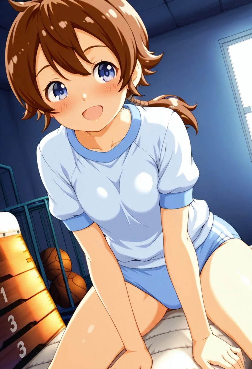 masterpiece,anime_coloring,anime_clothing,amazing_quality, Tokia_DMO, 1girl, solo,brown hair,(low ponytail),short sleeves, gym_uniform,(light blue buruma),thighs,close-up face,open mouth,blush,smile,gym storeroom,
