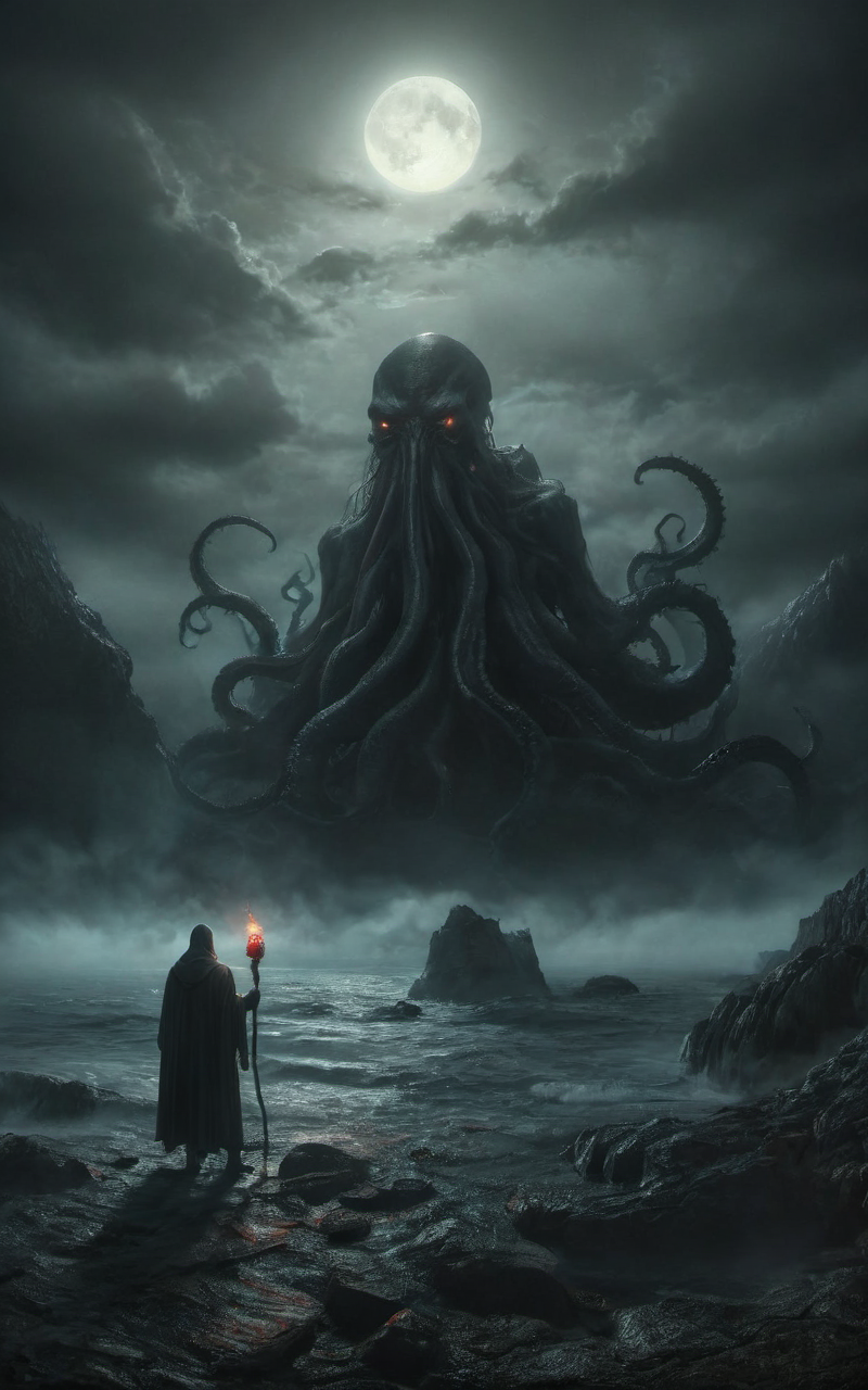 a dark foreboding scene,a colossal ancient creature emerging from the depths of the sea,the creature has a massive tentacled form with glowing red eyes casting an eerie light,a lone figure holds up a red torch standing on the rocky shore,its light barely illuminating the surroundings,The atmosphere is heavy with tension the sea crashing violently against the rocks,the creature's immense size dwarfing the solitary human,lone figure against the ancient,otherworldly beast,color palette is dark,deep blacks and greys,high contrast,
insane quality,realistic,absurdres,detailed background,post-apocalypse,(Cthulhu Mythos),(horror \(theme\):1.1),mysterious,<lora:MJ52_v2.0:0.6>,<lora:detailed_notrigger:1.1>,<lora:ral-ertmsphr:0.8>,ral-ertmsphr,dark,<lora:Wild_nature_XL:0.8>,
