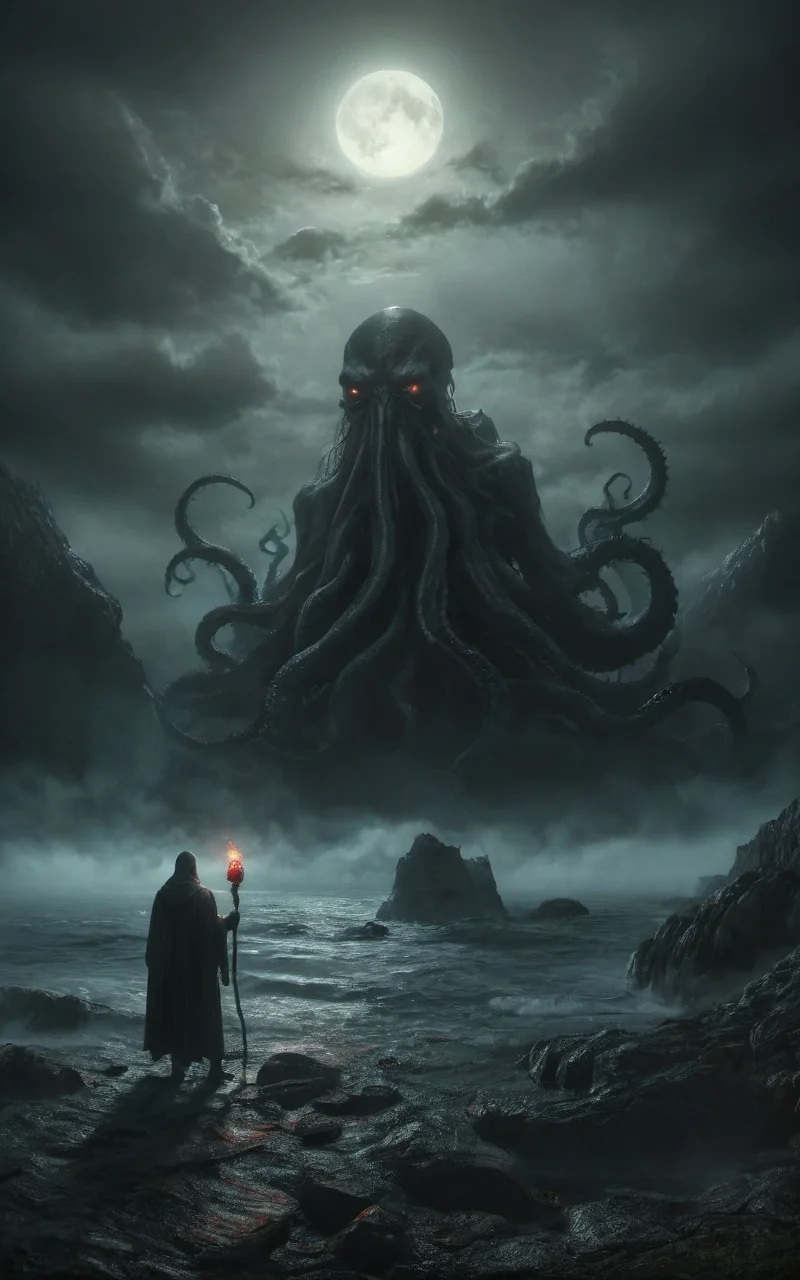a dark foreboding scene,a colossal ancient creature emerging from the depths of the sea,the creature has a massive tentacled form with glowing red eyes casting an eerie light,a lone figure holds up a red torch standing on the rocky shore,its light barely illuminating the surroundings,The atmosphere is heavy with tension the sea crashing violently against the rocks,the creature's immense size dwarfing the solitary human,lone figure against the ancient,otherworldly beast,color palette is dark,deep blacks and greys,high contrast,
insane quality,realistic,absurdres,detailed background,post-apocalypse,(Cthulhu Mythos),(horror \(theme\):1.1),mysterious,<lora:MJ52_v2.0:0.6>,<lora:detailed_notrigger:1.1>,<lora:ral-ertmsphr:0.8>,ral-ertmsphr,dark,<lora:Wild_nature_XL:0.8>,