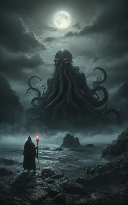 a dark foreboding scene,a colossal ancient creature emerging from the depths of the sea,the creature has a massive tentacled form with glowing red eyes casting an eerie light,a lone figure holds up a red torch standing on the rocky shore,its light barely illuminating the surroundings,The atmosphere is heavy with tension the sea crashing violently against the rocks,the creature's immense size dwarfing the solitary human,lone figure against the ancient,otherworldly beast,color palette is dark,deep blacks and greys,high contrast,
insane quality,realistic,absurdres,detailed background,post-apocalypse,(Cthulhu Mythos),(horror \(theme\):1.1),mysterious,<lora:MJ52_v2.0:0.6>,<lora:detailed_notrigger:1.1>,<lora:ral-ertmsphr:0.8>,ral-ertmsphr,dark,<lora:Wild_nature_XL:0.8>,