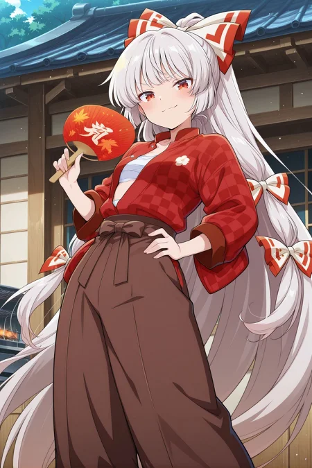 absurdres, highres, masterpiece, best quality, amazing quality, official anime artwork, screencap, anime screencap, outdoors, smug, looking at viewer, dynamic pose, standing,
<lora:Fujiwara-no-Mokou_IllustriousV2:1> fujiwara no mokou, 1girl, solo, red eyes, white hair, very long hair, small breasts, fujiwara no mokou \(yakitori stand chef\), alternate costume, hair bow, red shirt, checkered print, long sleeves, chest sarashi, brown pants, hand fan, japanese clothes,
kitchen, store, grill,