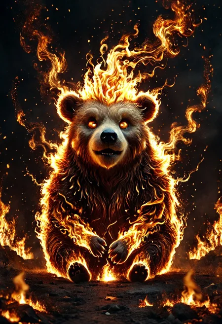 Score_9, score_8_up, score_7_up, high quality, 4k, 8k, extremely detailed, fire bear, made out of fire, rendered in stunning detail by Andrei Kolkoutine. big, round eyes, adorable expression. fire, explosions, funny theme, witty, Humor and wit, Aesthetic appeal, Engagement sparks, flamestyle