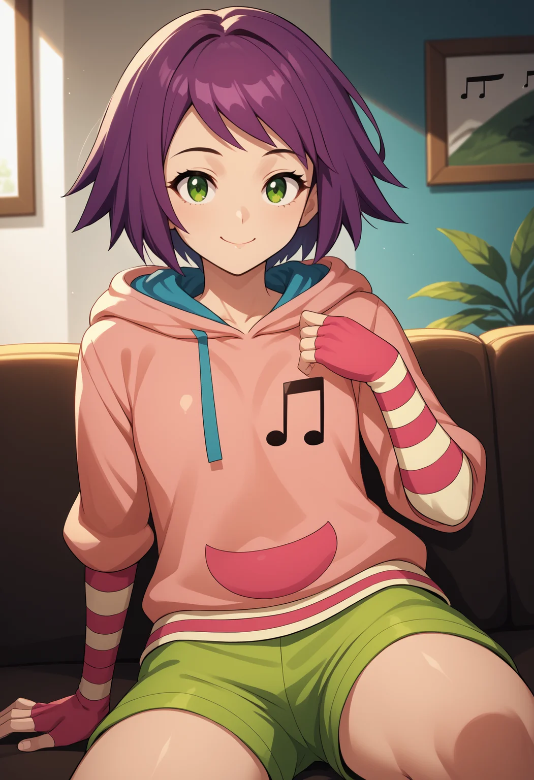 score_9, score_8_up, score_7_up, source_anime, <break> solo, 1girl, s0niastrumm, smile, looking at you, sitting, couch, short hair, purple hair, green eyes, striped clothes, pink hoodie, musical note, fingerless gloves, striped gloves, green shorts, indoors, living room
<segment:yolo-face_yolov8m.pt,0.4,0.5//cid=1>