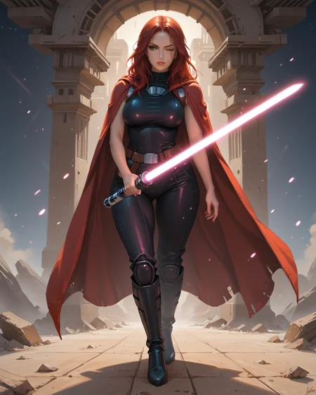 PonyScores7, source_anime, ah1, 1girl, long hair, mature female, (parted hair:1.7), (curvy), round-chin, caucasian, skindentation, thick thighs, wide hips, busty, voluptuous, lips, bad-hands-5, <lora:venus body PonyXL:0.6>, <lora:xl_more_art-full_v1:0.3>, <lora:shinyskin2:0.3> glistening skin, <lora:aesthetic_anime_v1s:0.3>, <lora:Expressive_H:0.3> Expressiveh, <lora:hairdetailpxl:0.3> hairdetailpxl, <lora:EpicF4nta5yXL:0.3>, <lora:detailxl:0.3> detailxl, <lora:Fant5yP0ny:0.3>, best quality, amazing quality, best aesthetic, absurdres, <lora:expressive eyes:0.3> expressive eyes, <lora:eyedetailpxl:0.3> eyedetailpxl, illustration, Volumetric_Lighting, ultra-detailed, very aesthetic, intricate details, 8k, masterpiece, best_quality, (one eye closed), (Street Photography Perspective shot), (Elemental Control, Hands extended, showcasing control over fire, ice, or other elements,), <lora:Eyes_High_Definition:0.3> EyesHD, looking at viewer, Stable_Yogis_PDXL_Positives, AS-Adult, <lora:Mara_Jade_Skywalker:0.8> Mara Jade, Red hair, green eyes, black high heeled boots, (a double-bladed lightsaber with red blade), (long dark cloak, sleeveless leather cat suit), in spaceship , at dawn, star_wars, <lora:Plasma_Sword:0.8> Plasma Sword, Holding Plasma Sword