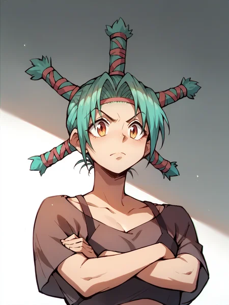 <lora:Menchi_Hunter_x_Hunter:1>, menchi, green hair, upper body, arms crossed, score_9, score_8_up, score_7_up, score_6_up, score_5_up