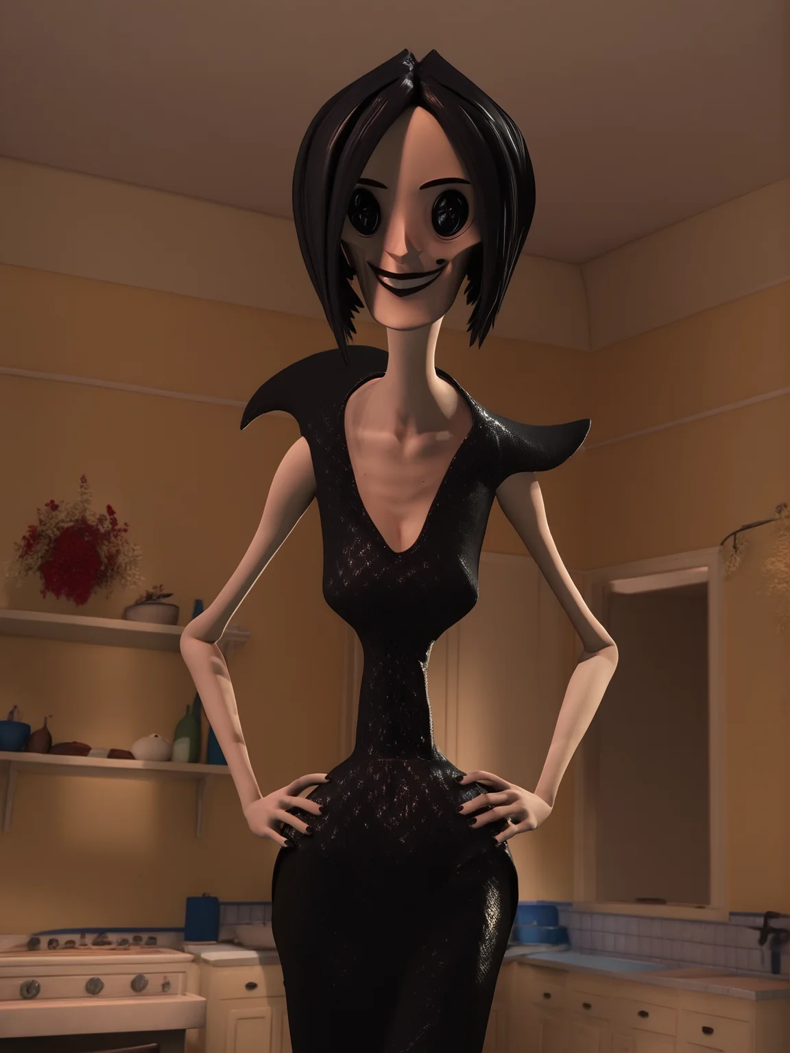 <lora:The_Beldam_Other_Mother:1>,3d,Beldam,button eyes,1girl,black hair,short hair,dress,cowboy shot,hands on own hips,looking at viewer,smile,indoors
