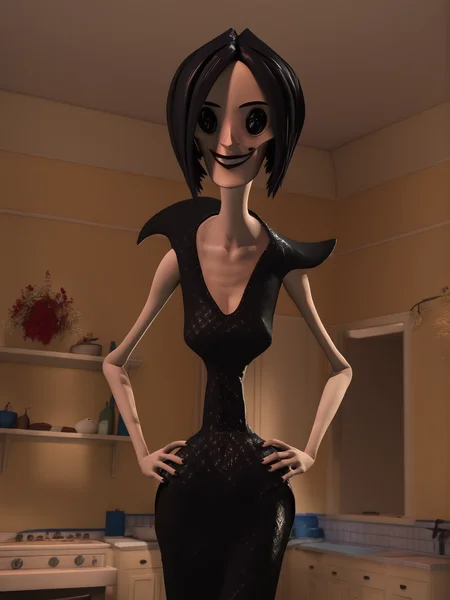 <lora:The_Beldam_Other_Mother:1>,3d,Beldam,button eyes,1girl,black hair,short hair,dress,cowboy shot,hands on own hips,looking at viewer,smile,indoors