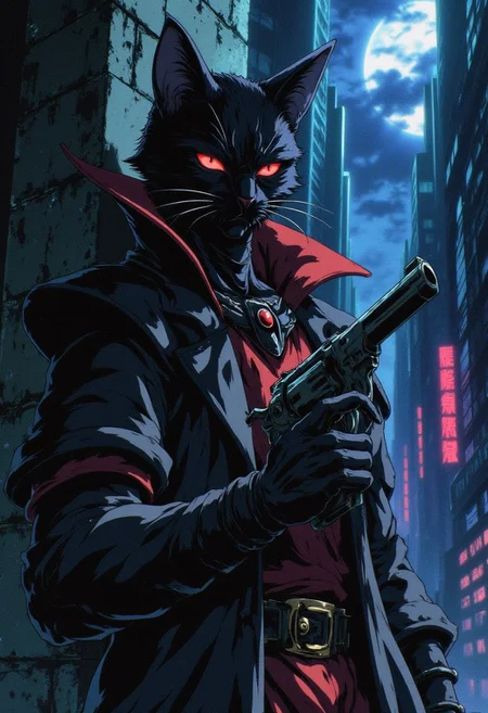 A black cat wearing a dark cyberpunk samurai jacket and holding a futuristic revolver.Closeup shot of upper body against the wall. Background of a dark grimey metropolis,in the style of grainy anime