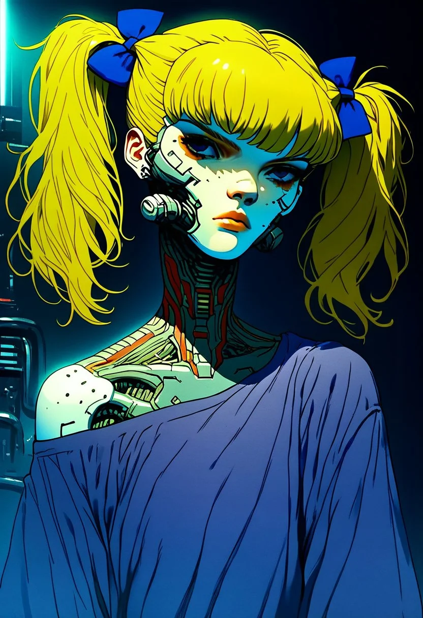 score_9, score_8, score_7, 1girl, solo, blonde hair, twintails, purple dress, hair bow, knva, halftone effect, cyberpunk, cyborg, adult woman, flat colour,