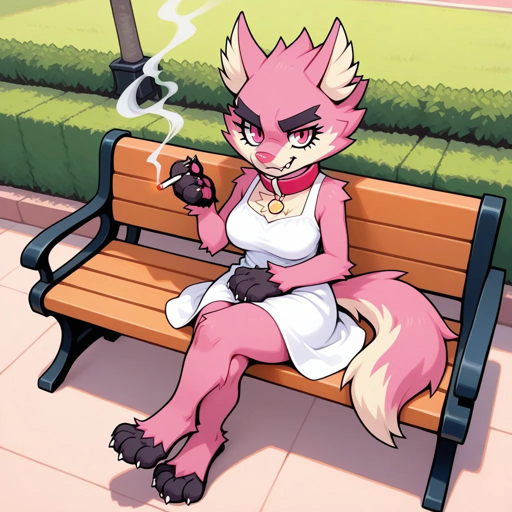 Jacklyn(B), Solo, 1girl, semi-anthro, female furry, wolf, wolfgirl, pink and white fur, pink eyes, pink nose, thick eyebrows, black paws, claws, wolf tail, red collar, full body, sun dress, smoking, cigarette, sitting on bench, smug expression, one hand on lap, legs crossed, looking at viewer, smirk, shortstack, park setting,