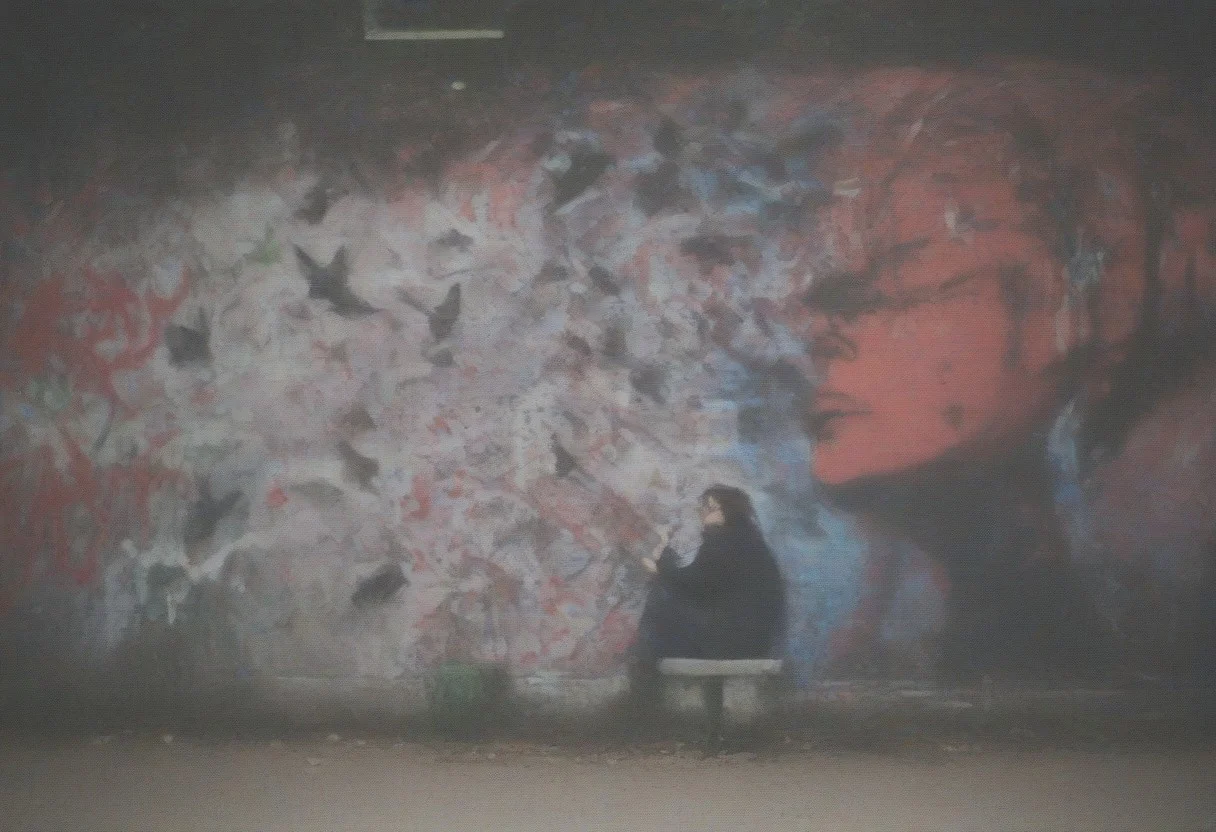 outdoors, fish, pigeon, tree, graffiti, woman, colors