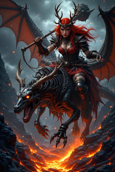 A hyper-realistic portrait, photorealistic photo close-up image of A young female berserker with fiery red hair, dark freckled skin, and a scar running down her left cheek rides a skeletal wyvern, its empty eye sockets glowing with an eerie blue light. Sheâs dressed in torn, crimson furs and wields a massive, spiked club in one hand, her other hand gripping the reins made of braided leather. The wyvernâs wings are tattered but strong, and it soars over a bubbling lake of molten lava, the heat casting an orange glow on their skeletal forms. The berserkerâs eyes burn with fury as the wyvernâs bony claws stretch out, preparing to land on a narrow outcrop of rock. The lava bubbles and spits below them, reflecting the intensity of the scene. Her helmet, adorned with the antlers of a stag, frames her wild, determined face. The lavaâs bright glow contrasts sharply with the dark, stormy sky above, creating a chaotic, otherworldly scene. The side view shows the pair mid-flight, caught between life and death.(photography, high-resolution, dynamic, energetic,hyper-realistic, dramatic lighting, shallow depth of field.), detailmaximizer, MythP0rt<lora:midjourney_whisper_flux_lora_v01:0.55><lora:aidmaMJ6.1-FLUX-V0.1:0.4><lora:FluxMythP0rtr4itStyle:0.4><lora:detailed_flux_ntc:2.2><lora:aidmaImageUpgrader-FLUX-V0.1:0.65>