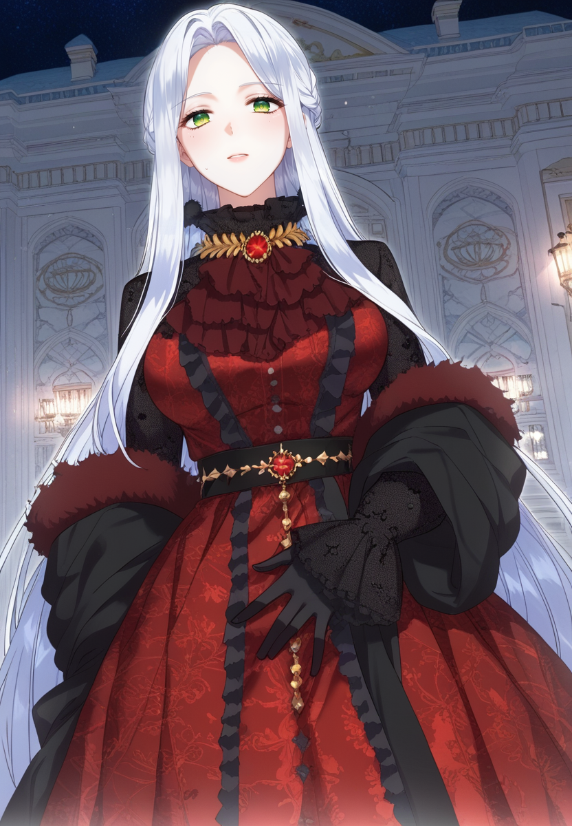 zPDXL3, score_9_up, score_8_up, score_7_up, (Anime_source),Masterpiece,(perfect female body:1.2), small waist,(incredibly detailed:1.4), slim, beautiful fingers, beautiful white skin, Beautiful clear skin, perky breasts, looking at viewer, (large breasts:1.3) (huge breasts:1.1) <lora:Sierra_Fernein_-_Im_Going_On_Strike_Because_I_Have_Limited_Time-PONY-Kaleid:1>  sierrafernein, 1girl, long hair, white hair, green eyes, gloves, red dress, braid, looking down, from below,