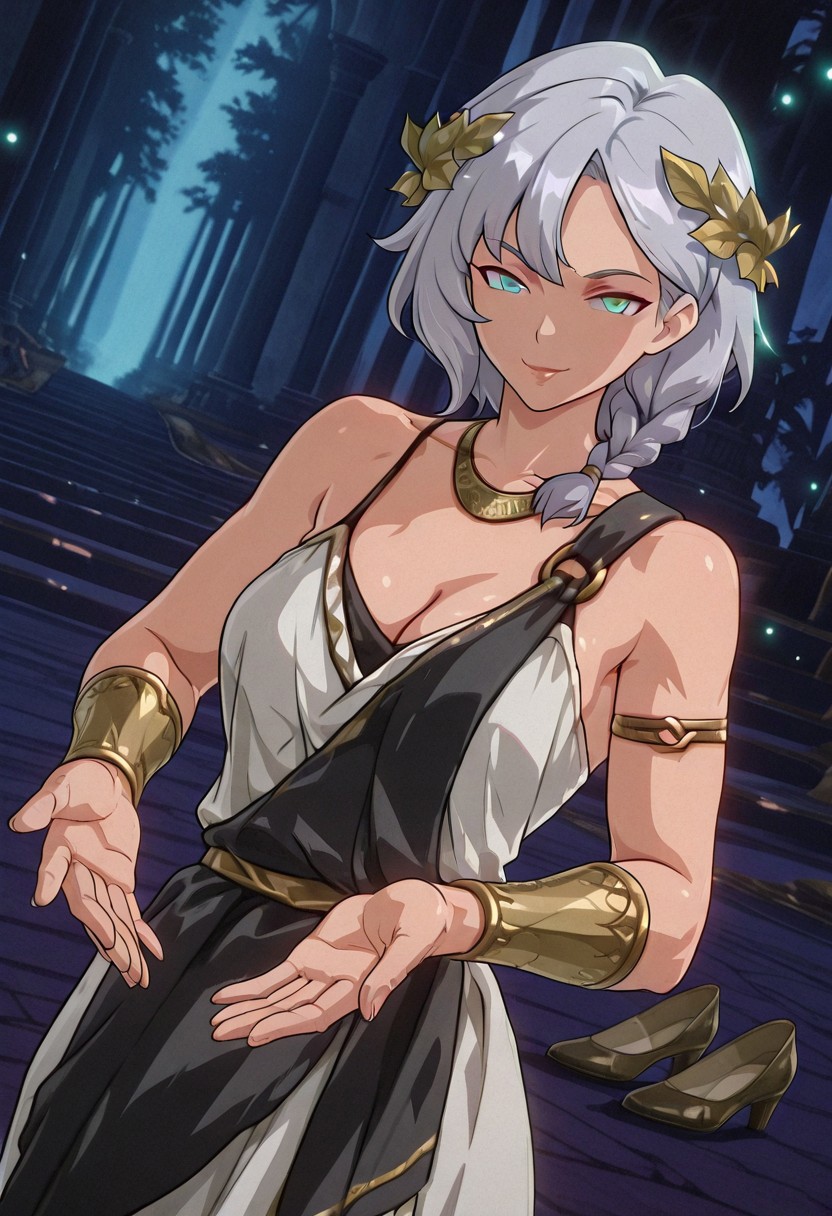 CaenisHSR, 1girl, solo, gray hair, short hair, bangs, braid, laurel crown, aqua eyes, lips, wrinkles, necklace, ancient greek clothes, large breast, cleavage, armlet, bracers, ancient greek dress, thick thighs, shoes, bare shoulders, white dress,
,seductive pose, sexy pose, tease, 
masterpiece, best quality, fine details, intricate details, depth of field, subsurface scattering, bokeh,
 ultra-detailed, very aesthetic, detailed background, newest, scenery, highres, absurdres, colorful, vibrant, glowing, perfect face, 2d, perfect eyes,  vibrant saturated colors, volumetric lighting, sharp, detailed eyes, perfect anatomy,  perfect face, perfect eyes, mature body, clear eyes, beautiful eyes, athletic, curvy body, athletic girl, perky tits, perfect tits, round breasts, pinup pose, teasing, lustful expression, perfect hands, 
muscular female, dutch angle, 
naughty smile,dat ass, ass focus, huge butt,
,Smooth Negative, Smooth_Quality,
90s_anime_aesthetic, 1990s (style), dark_fantasy_style, dark fantasy, retro,