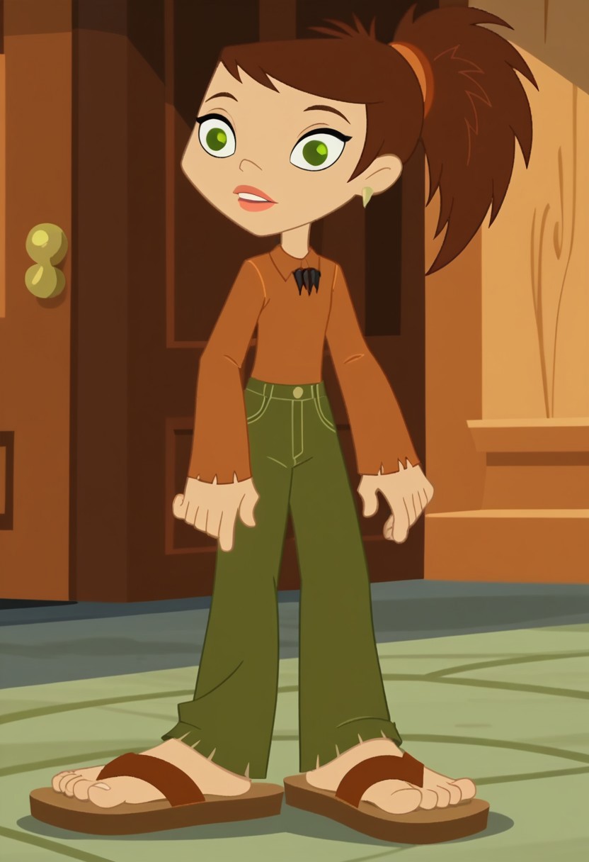 score_9, score_8_up, score_7_up, 1girl, solo,
long-sleeved brown sienna shirt, olive green pants, brown hair, green eyes, sharp ponytail, sandals
woods background,perfect hands, show accurate, perfect anatomy, perfect feet,