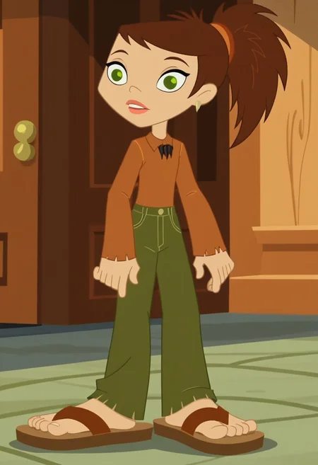 score_9, score_8_up, score_7_up, 1girl, solo,
long-sleeved brown sienna shirt, olive green pants, brown hair, green eyes, sharp ponytail, sandals
woods background,perfect hands, show accurate, perfect anatomy, perfect feet,