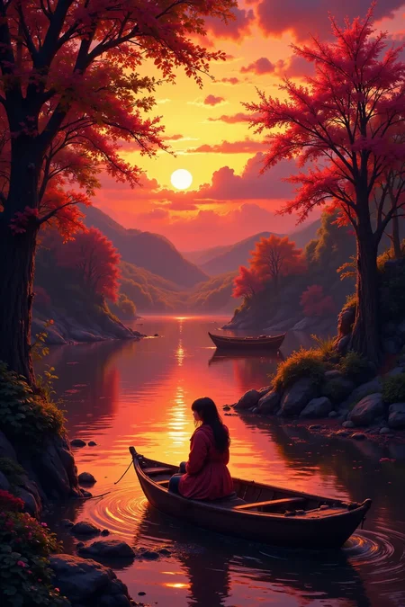 romantic sunset boat ride beautiful landscape, golden hour, woman, very intricate, very detailed, sharp, bright, colorful, <lora:Hand v2:0.5> <lora:Anti-Blur:1><lora:Insane Detail Slider:0.25> <lora:flux.1_lora_flyway_Epic-detail_v2:0.3> <lora:fluxenhancer:0.25> <lora:Neurocore Anime Cyberpunk v2.0:1> A digital artwork in the style of cknc <lora:abyss-neon:0.6> bo-neon