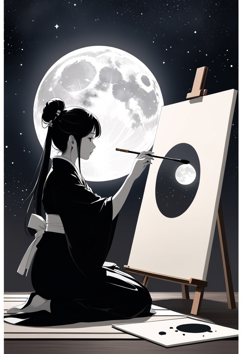 ink brush art, Japanese style; minimalist, Queqiao, Qixi, silhouette , ancient,
,
female artist, painting, moon, monochromatic, black and white, abstract, ink splashes, large canvas, night sky, crescent moon, contemplative, serene, creation, brush, silhouette, artistic process