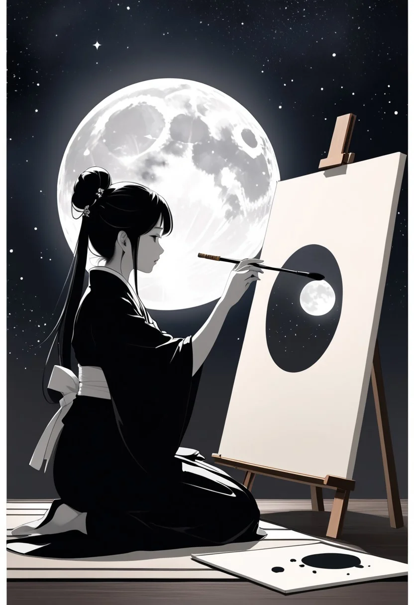 ink brush art, Japanese style; minimalist, Queqiao, Qixi, silhouette , ancient,
,
female artist, painting, moon, monochromatic, black and white, abstract, ink splashes, large canvas, night sky, crescent moon, contemplative, serene, creation, brush, silhouette, artistic process