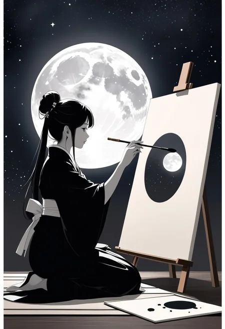 ink brush art, Japanese style; minimalist, Queqiao, Qixi, silhouette , ancient,
,
female artist, painting, moon, monochromatic, black and white, abstract, ink splashes, large canvas, night sky, crescent moon, contemplative, serene, creation, brush, silhouette, artistic process
