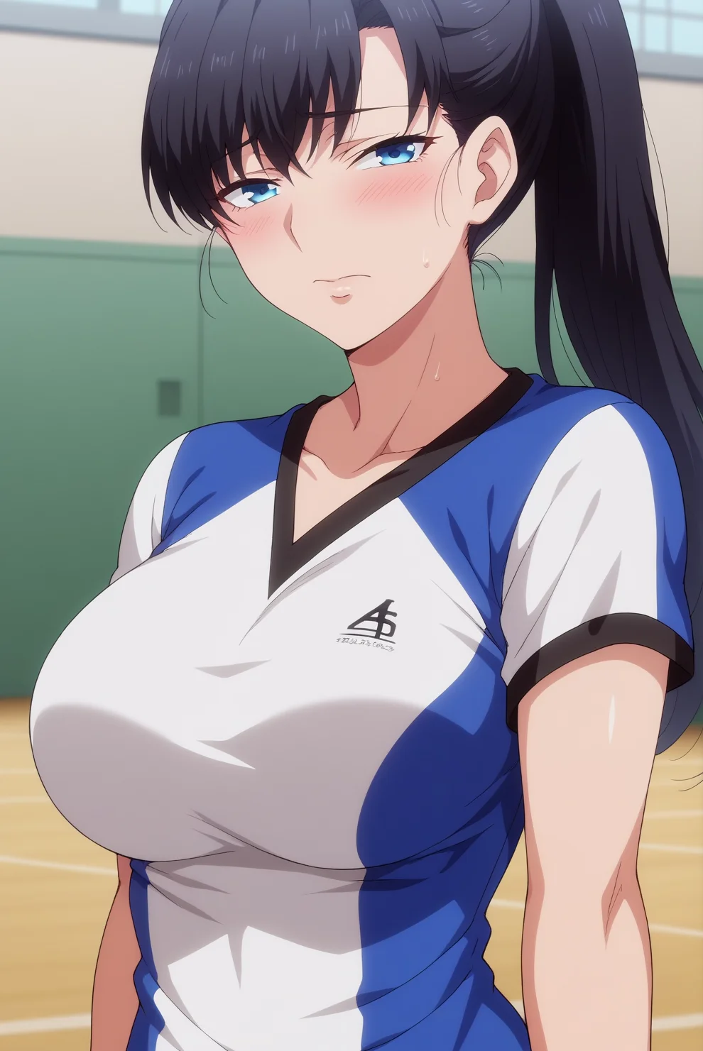 score_9, score_8_up, score_7_up, score_6_up, score_5_up, score_4_up, source_anime,anime screencap,anime coloring BREAK akira todo,1girl,solo, blue eyes, black long hair,ponytail,mature, looking at viewer,sportswear,volleyball uniform,voleyball indoors, large breasts,blush,solo focus,gymnasium <lora:Akira Todo.safetensors:0.8>