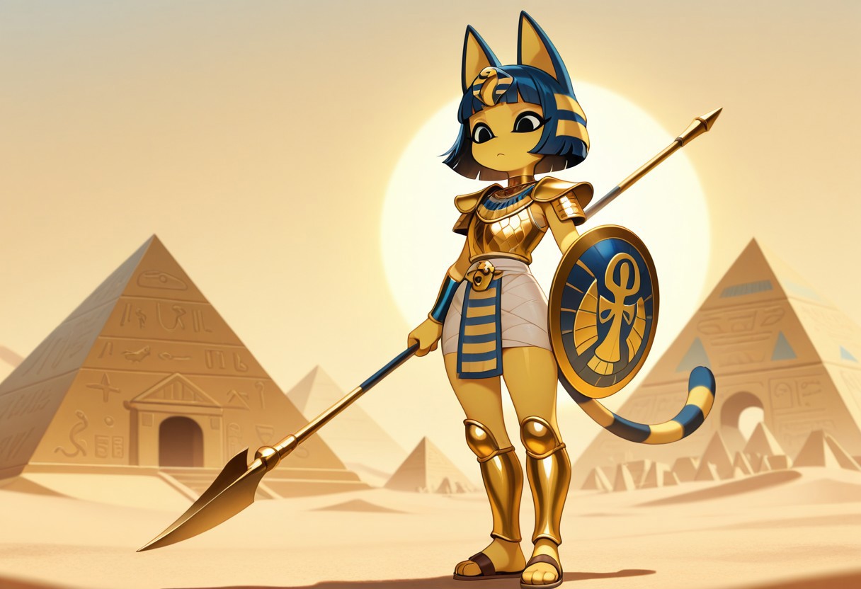 masterpiece, best quality, ultra-detailed, amazing quality, very aesthetic, chiaroscuro, 1girl, solo, ankhaILL, cat ears, tail, cat girl, cat tail, bangs, egyptian armor, snake hair ornament, blunt bangs, blue hair, bob cut, black eyes, colored skin, striped tail, short hair, furry, furry female, anthro, standing, outdoors, desert, pyramids, temple, holding shield, holding spear, shoulder armor, shoulder pads, gold trim, ankh, hieroglyphs, egyptian breastplate, sandals, greaves, egptian helmet,