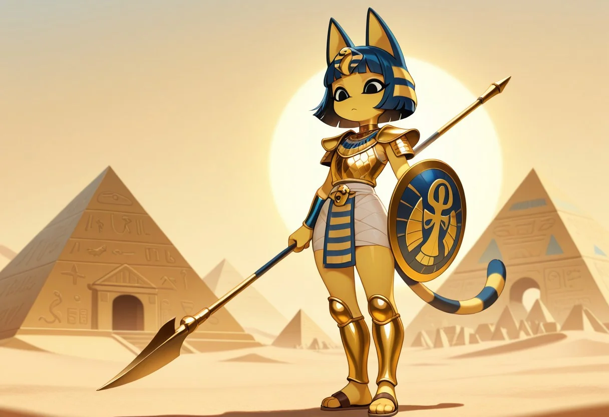 masterpiece, best quality, ultra-detailed, amazing quality, very aesthetic, chiaroscuro, 1girl, solo, ankhaILL, cat ears, tail, cat girl, cat tail, bangs, egyptian armor, snake hair ornament, blunt bangs, blue hair, bob cut, black eyes, colored skin, striped tail, short hair, furry, furry female, anthro, standing, outdoors, desert, pyramids, temple, holding shield, holding spear, shoulder armor, shoulder pads, gold trim, ankh, hieroglyphs, egyptian breastplate, sandals, greaves, egptian helmet,