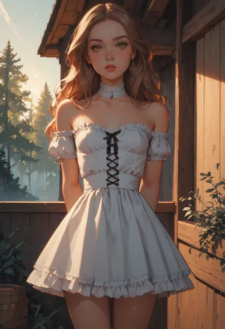 8K, depth of field, focused subject, masterpiece, best quality, amazing quality, very aesthetic,
score_9, score_8_up, score_8,
1girl, 23 years old, solo,
detailed, perfect, expressive, perfect white porcelain fair skin, brown eyes, long flowing red hair, small perky breasts, (tiny waist, slim waist:1.3), flat stomach, sexy thighs, full round butt,
sophisticated, intelligent, seductive, aroused, loving, kind, masterpiece, Expressiveh, dynamic angle, high quality, solo, myrtlewal, off shoulder white blouse, purple skirt, corset, arms crossed, looking at viewer, blushing, forest, cabin, medieval setting, detailed scenery, commix style, sun rays, dynamic lighting, dynamic lighting, cinematic lighting