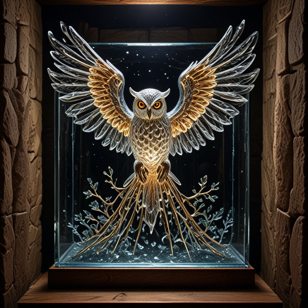 beautiful glass bird lit as if it is emitting light, execution, realistic,  masterpiece, photorealistic,  depth of field contours, accurate lighting, perfectly drawn, photograph, intricate detail, 8k,  very colourful, outdoors, night, intricate detail, beautiful glass etching, in a tree, 3d glass sculpture, rainbow colours, raytracing, lumen, 8k, high definition, highly detailed, reflective, luminism. detailed  textures, owl, (on a  plaque with the text CATO:1.4), WINGS OUTSTRETCHED, EAGLE,