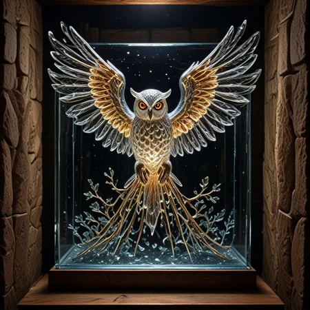 beautiful glass bird lit as if it is emitting light, execution, realistic, masterpiece, photorealistic, depth of field contours, accurate lighting, perfectly drawn, photograph, intricate detail, 8k, very colourful, outdoors, night, intricate detail, beautiful glass etching, in a tree, 3d glass sculpture, rainbow colours, raytracing, lumen, 8k, high definition, highly detailed, reflective, luminism. detailed textures, owl, (on a plaque with the text CATO:1.4), WINGS OUTSTRETCHED, EAGLE,