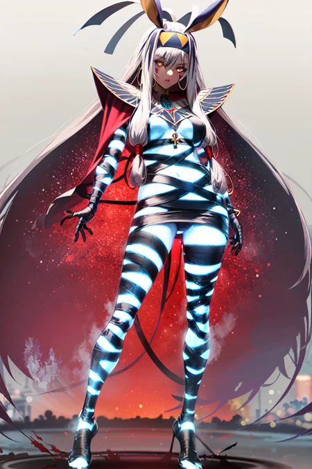 (masterpiece, best quality:1.2), nitocris alter, fgo, (stage 1, glowing body, bandages:1.4), 1girl, egyptian, yellow eyes, bangs, very long hair, white hair, rabbit ears, facial markings, large breasts, hairband, sidelocks, jewelry, hoop earrings, red cape, dark background <lora:NITOALTER-15:0.9>