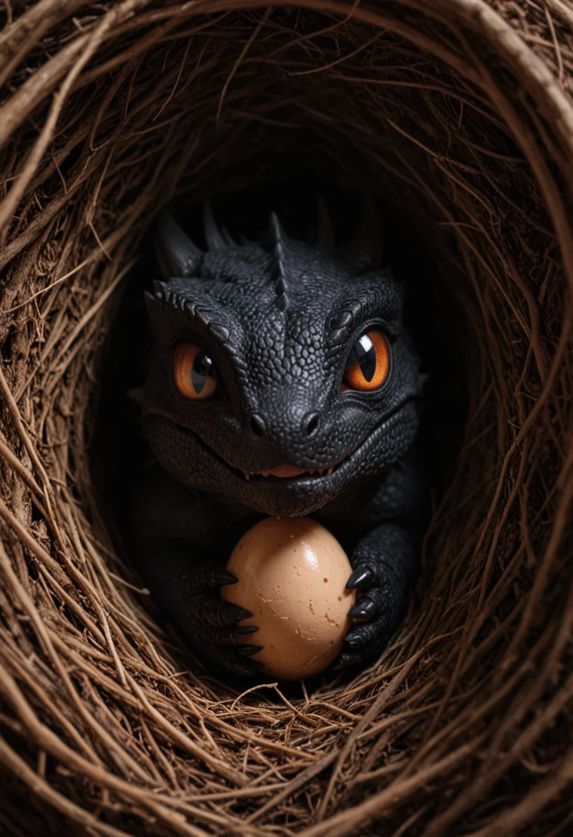 cute black baby dragon comfortable inside egg shell, warm, high quality, photo realistic, HD, cute, morning, nest, close up portrait, extreme skin details, skin pores, expressive, hyperdetailed, ambient light, Nikon 15mm f/1.8G, studio photography<lora:zavy-cnmtc-sdxl>,<lora:zavy-cntrst-sdxl>,<lora:zavy-rmlght-sdxl>,<lora:aidma-Image Upgrader-v0.1>, <lora:- SDXL - vanta-black_contrast_V3.0>