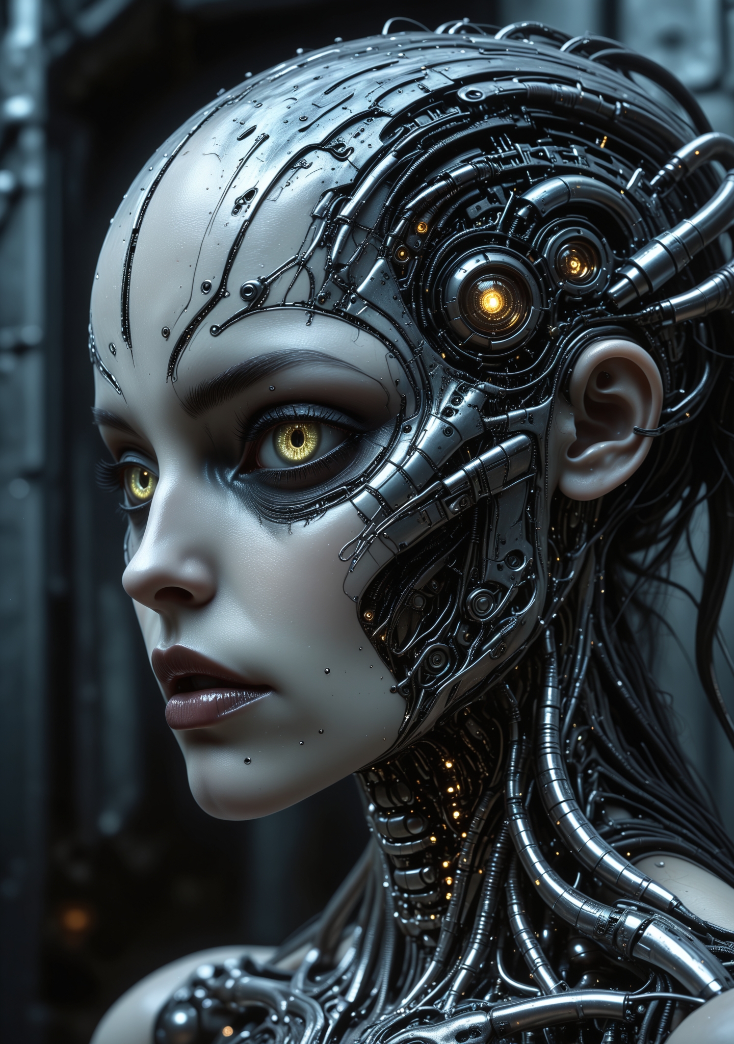 midjourneyv6.1, muscle_bimbo, score_9, score_8, score_7, Close up face, robotic mechanical eyes, steel metal lips, (hybrid ethereal host - cybernetic woman). Eerie, moody atmosphere, (biomechanical details), intricate metal textures, surreal and haunting vibes, illuminated by soft, otherworldly light, shadowy background with faint glimmers, hyperdetailed design, enigmatic presence, striking contrast between light and darkness, visually compelling composition, (4K), ultra-detailed artistry. hkmagic, cyberpunk, style of H. R. Giger<lora:lora\aidmaMidjourneyV6.1-v0.1.safetensors:0.8:0.8><lora:lora\Muscle_Bimbo_SDXL.safetensors:1.0:1.0><lora:lora\Derelict_Faces_e31.safetensors:0.8:0.8>